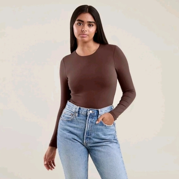 Nuuds Crew Scoop Neck Long Sleeve Bodysuit In Coffee Brown Size Small - Picture 10 of 10